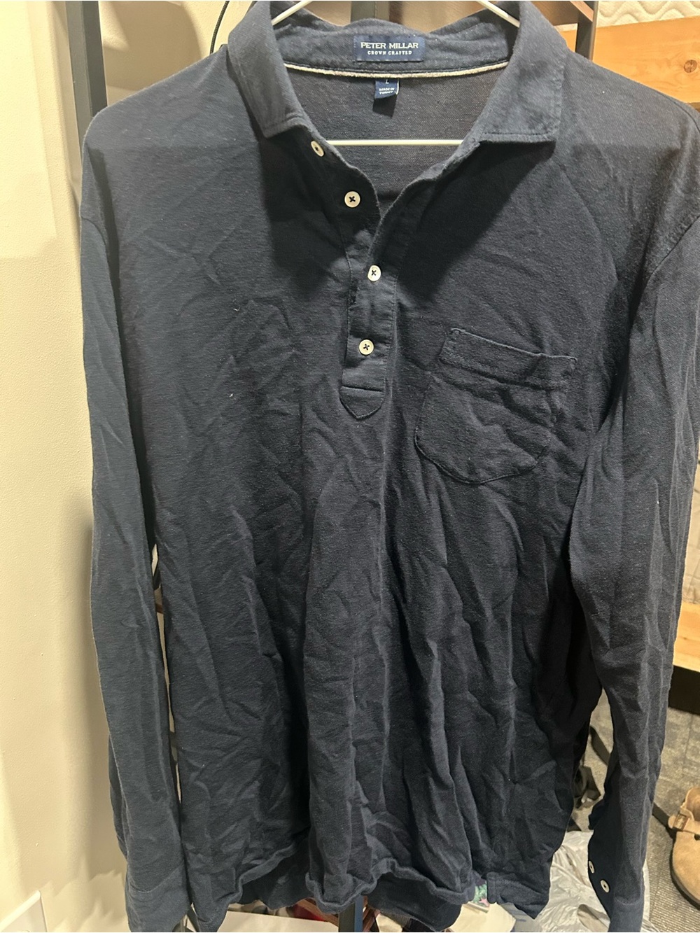 Peter Millar Navy Long-Sleeve Polo with Chest Pocket